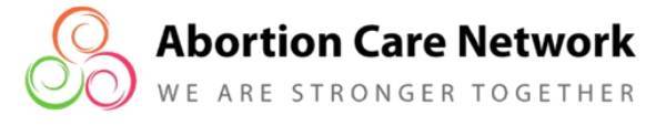 Logo for Abortion Care Network with three interlocking, colored circles on the left and the text Abortion Care Network—We Are Stronger Together on the right.