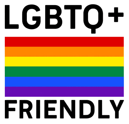 Text LGBTQ+ FRIENDLY above and below a rainbow flag with six horizontal stripes in red, orange, yellow, green, blue, and purple, symbolizing support and inclusivity for the LGBTQ+ community.
