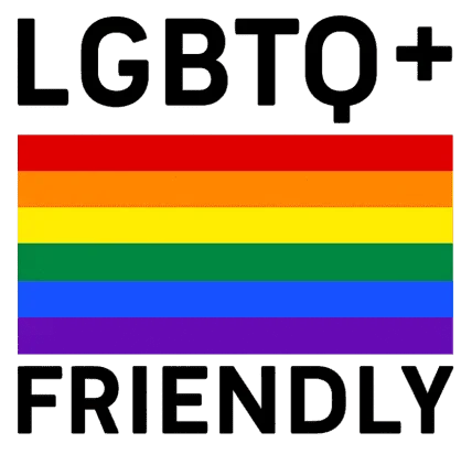 Text LGBTQ+ FRIENDLY above and below a rainbow flag with six horizontal stripes in red, orange, yellow, green, blue, and purple, symbolizing support and inclusivity for the LGBTQ+ community.