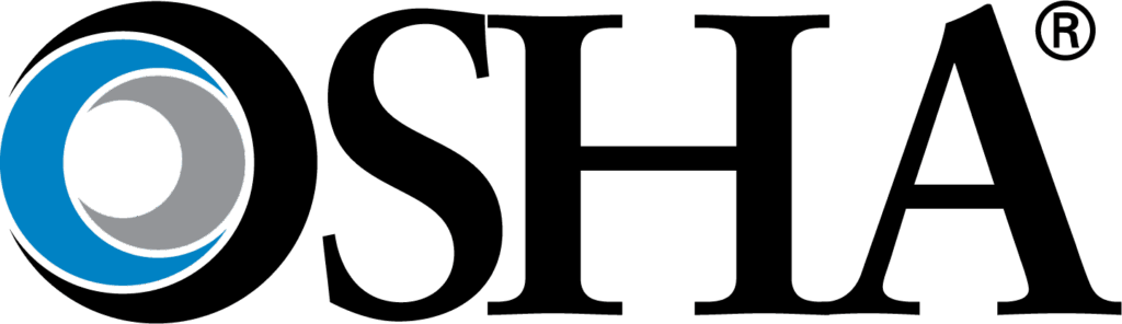 OSHA logo featuring the acronym OSHA in bold black letters, with a circular blue, gray, and white design forming the letter O and a registered trademark symbol in the top right corner.