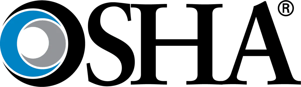 OSHA logo featuring the acronym OSHA in bold black letters, with a circular blue, gray, and white design forming the letter O and a registered trademark symbol in the top right corner.