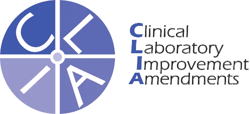 CLIA logo featuring stylized letters CLIA in a blue circle, with the words Clinical Laboratory Improvement Amendments stacked on the right.
