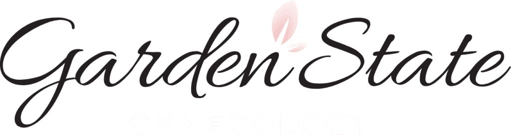 Logo for Garden State Gynecology with elegant black script font and a soft pink flower petal above the letter t. The word GYNECOLOGY appears in light gray below the main text.