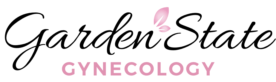 Logo for Garden State Gynecology with Garden State in black script font, a pink leaf accent above the S, and GYNECOLOGY in uppercase pink letters beneath.
