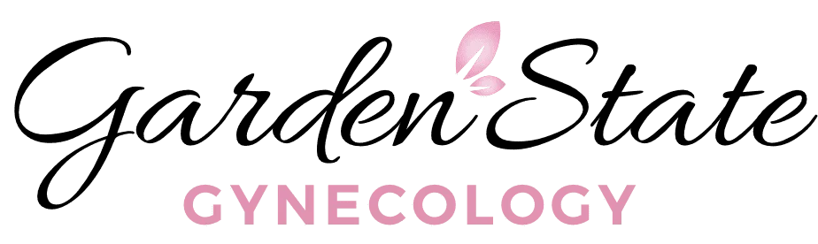 Logo for Garden State Gynecology with Garden State in black script font, a pink leaf accent above the S, and GYNECOLOGY in uppercase pink letters beneath.