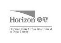 Logo for Horizon Blue Cross Blue Shield of New Jersey, featuring the company name with a blue cross and blue shield icon above the text, all in grayscale.