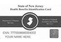 Black and white State of New Jersey Health Benefits Identification Card featuring the state outline, card number, and placeholder text YOUR NAME HERE with official department logos.