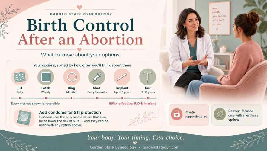 A doctor discusses birth control options with a patient in an exam room. Infographic lists options (pill, patch, ring, shot, implant, IUD), emphasizes adding condoms for STI protection, and highlights supportive, confidential care.