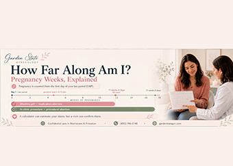 Two women sit together, one holding a clipboard. The infographic beside them is titled How Far Along Am I? Pregnancy Weeks, Explained and features a pregnancy timeline from 1 to 40 weeks, with color-coded milestones and explanatory text.