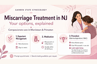 Infographic titled Miscarriage Treatment in NJ details options: expectant management, medication, and procedure (D&C), with a doctor comforting a patient. Includes contact info and emphasizes compassionate care.