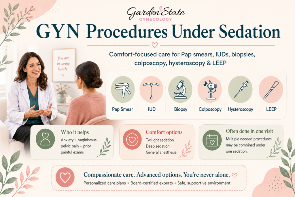 A gynecologist talks with a patient about six GYN procedures under sedation, including Pap smear, IUD, biopsy, colposcopy, hysteroscopy, and LEEP. Icons, benefits, and comfort options are highlighted.
