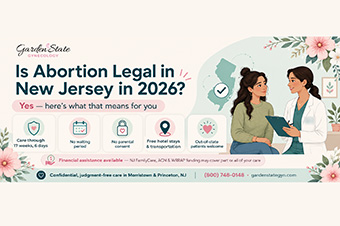 Illustration about abortion legality in New Jersey as of 2026. Features two women talking, icons showing services like no waiting period, financial help, and a phone number for confidential care. Flowers and NJ map decorate the image.