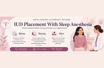 Infographic about IUD placement with sleep anesthesia, showing steps before, during, and after the procedure, with illustrations of two women talking in a medical office.