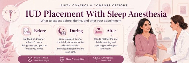 Two women sit and talk in a clinic. A purple infographic explains IUD placement with sleep anesthesia, outlining steps before, during, and after the appointment. Icons and brief text give instructions and reassurance.