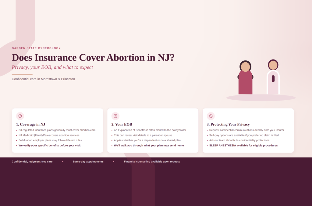 A webpage titled Does Insurance Cover Abortion in NJ? answers the question, “Does Insurance Cover Abortion in NJ?” with three info boxes about coverage in NJ, EOBs, and privacy. The pink background features simple illustrated women, creating an inviting and informative space for visitors seeking guidance.